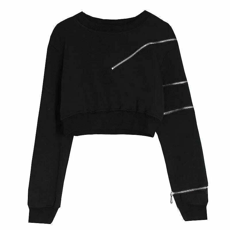 KIMLUD, 2023 Ropa Mujer Cropped Tops Fashion Hoodies Women O-neck Long Sleeve Zipper Pullovers Chic Hollow Out Sexy Korean Sweatshirt, KIMLUD Womens Clothes