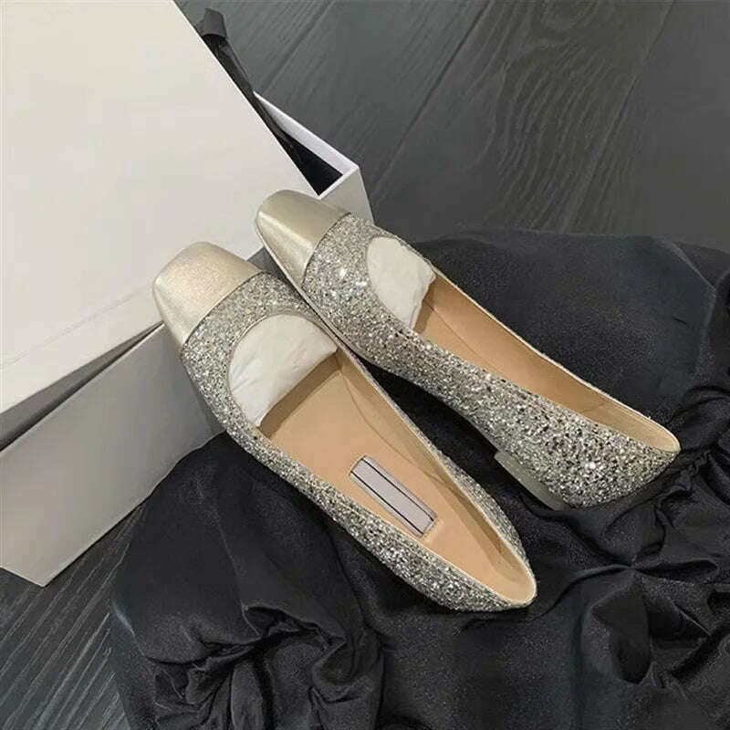 2023 Spring and Autumn New Fashion Flash Square Head Shallow Mouth Dress Flat Bottom Casual Women's Shoes - KIMLUD