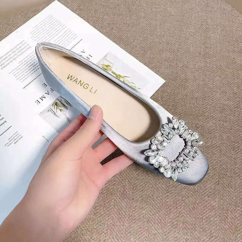 2023 Spring and Autumn New Fashion Rhinestone Square Button Flat Bottom Women's Shoes Versatile Silk Bridesmaid Wedding Shoes - KIMLUD