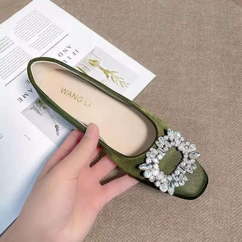 KIMLUD, 2023 Spring and Autumn New Fashion Rhinestone Square Button Flat Bottom Women's Shoes Versatile Silk Bridesmaid Wedding Shoes, KIMLUD Womens Clothes