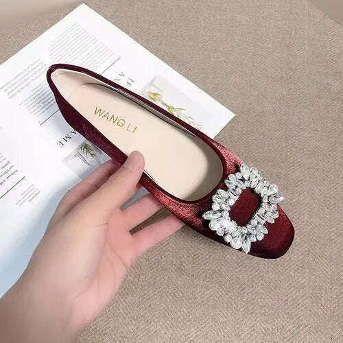 KIMLUD, 2023 Spring and Autumn New Fashion Rhinestone Square Button Flat Bottom Women's Shoes Versatile Silk Bridesmaid Wedding Shoes, Burgundy / 37, KIMLUD Womens Clothes