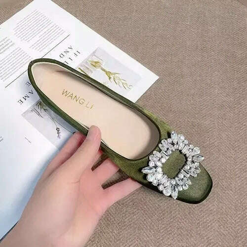 2023 Spring and Autumn New Fashion Rhinestone Square Button Flat Bottom Women's Shoes Versatile Silk Bridesmaid Wedding Shoes - KIMLUD