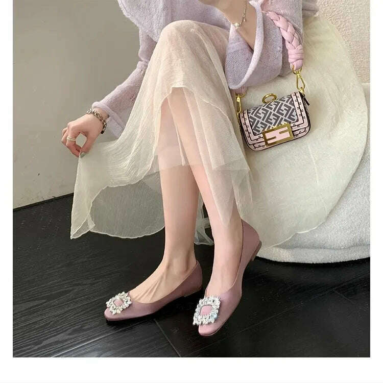 2023 Spring and Autumn New Fashion Rhinestone Square Button Flat Bottom Women's Shoes Versatile Silk Bridesmaid Wedding Shoes - KIMLUD