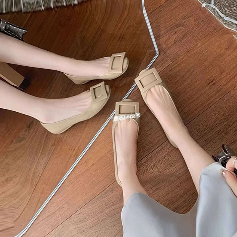 2023 Spring Autumn French Classic Square Button Round Head High Heels Fashion Shallow Mouth Versatile Flat Bottom Women's Shoes - KIMLUD