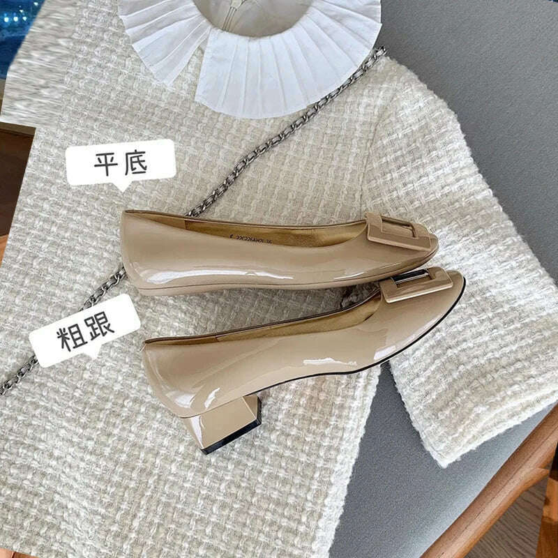 2023 Spring Autumn French Classic Square Button Round Head High Heels Fashion Shallow Mouth Versatile Flat Bottom Women's Shoes - KIMLUD