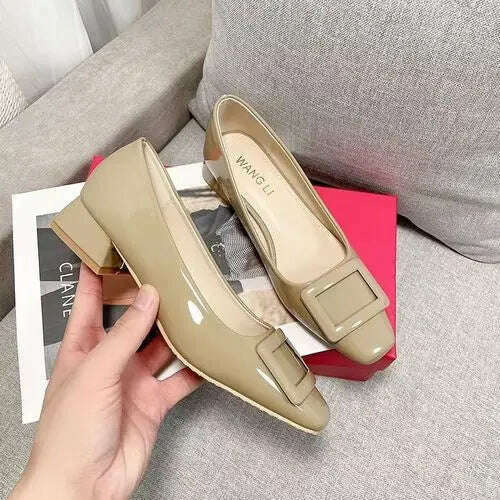 2023 Spring Autumn French Classic Square Button Round Head High Heels Fashion Shallow Mouth Versatile Flat Bottom Women's Shoes - KIMLUD