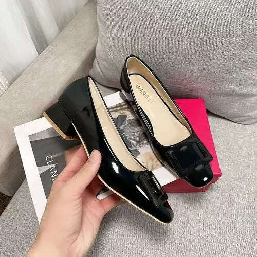 2023 Spring Autumn French Classic Square Button Round Head High Heels Fashion Shallow Mouth Versatile Flat Bottom Women's Shoes - KIMLUD