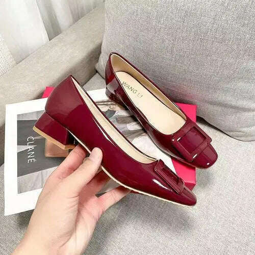 2023 Spring Autumn French Classic Square Button Round Head High Heels Fashion Shallow Mouth Versatile Flat Bottom Women's Shoes - KIMLUD