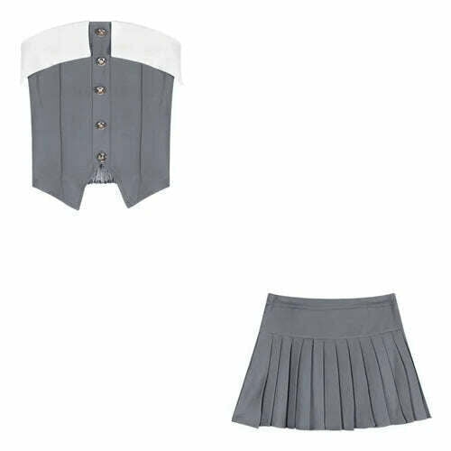 2023 Spring for Women Korean Style Gray Suit Coat + Pleated Mini Skirt Suit 2 Pieces Sets Tight-fitting Retro Y2k Suit - KIMLUD