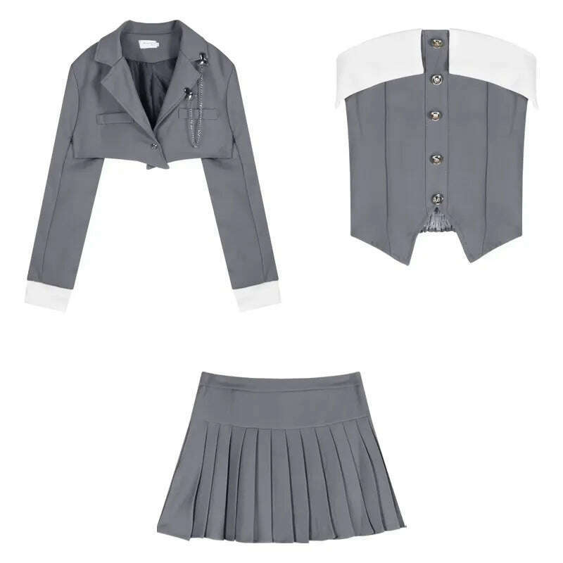 2023 Spring for Women Korean Style Gray Suit Coat + Pleated Mini Skirt Suit 2 Pieces Sets Tight-fitting Retro Y2k Suit - KIMLUD