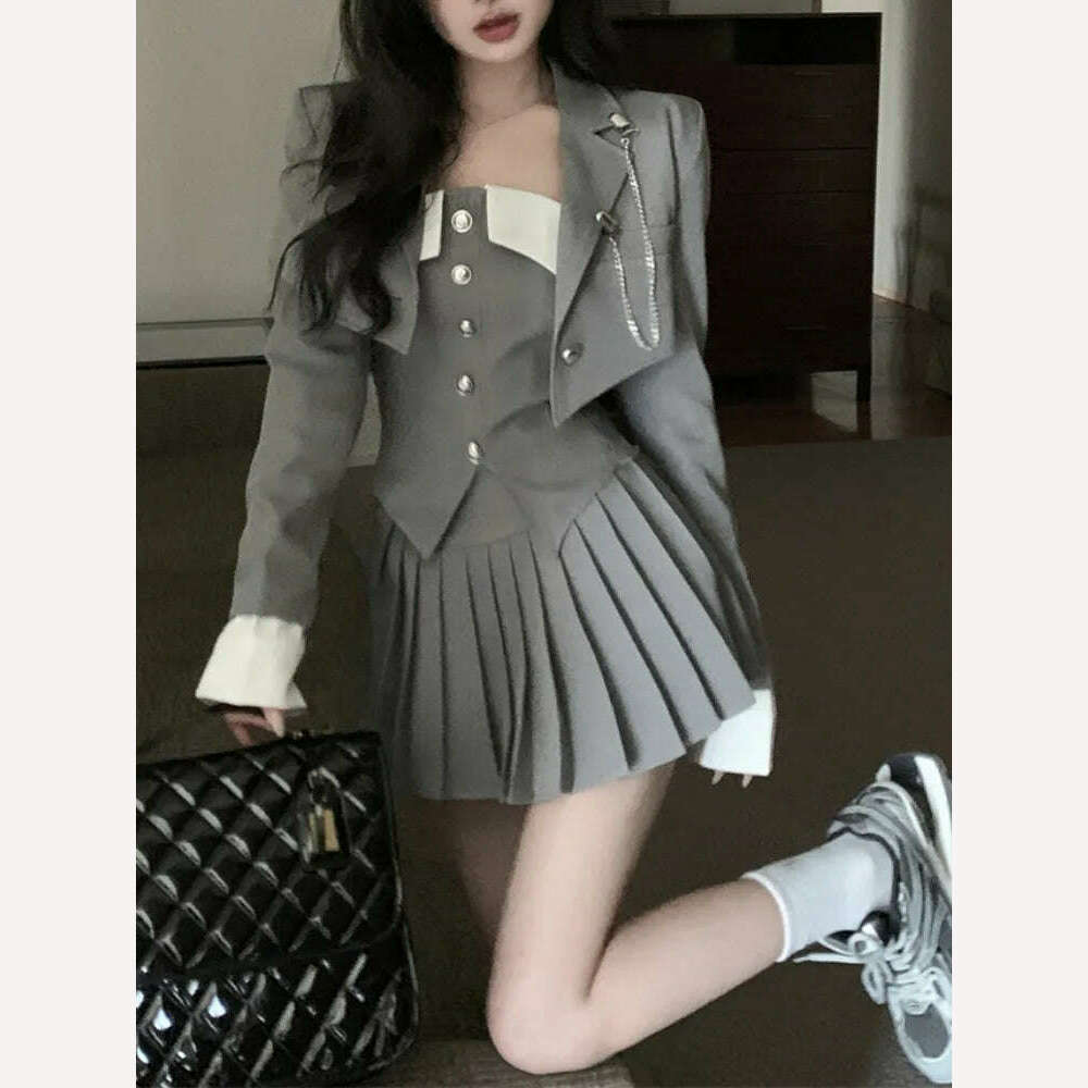 2023 Spring for Women Korean Style Gray Suit Coat + Pleated Mini Skirt Suit 2 Pieces Sets Tight-fitting Retro Y2k Suit - KIMLUD