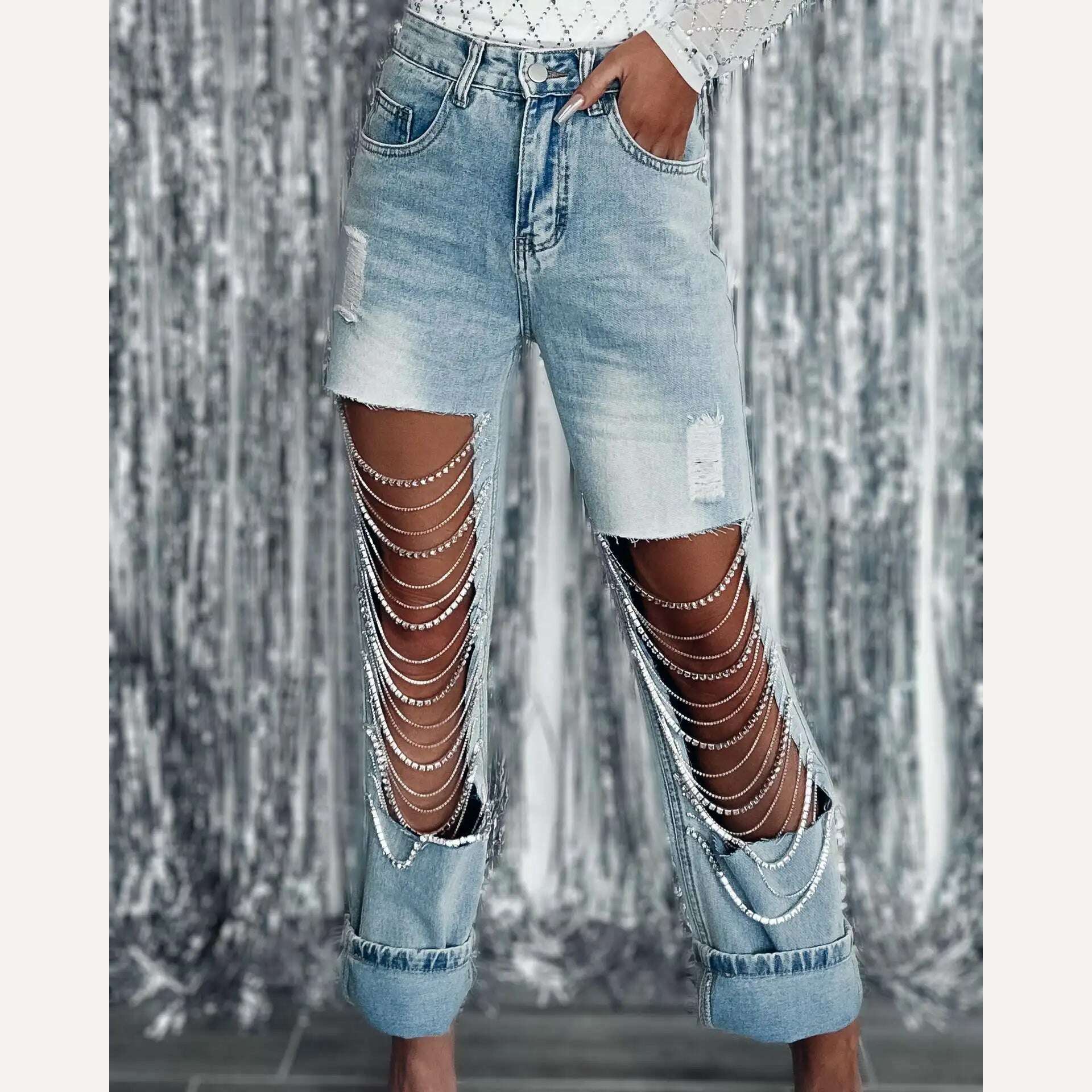 KIMLUD, 2023 Spring Summer Straight Jeans Women Holes Diamond Rhinstones Solid High Waist Fashion Cotton High Street Denim Pants, KIMLUD Womens Clothes