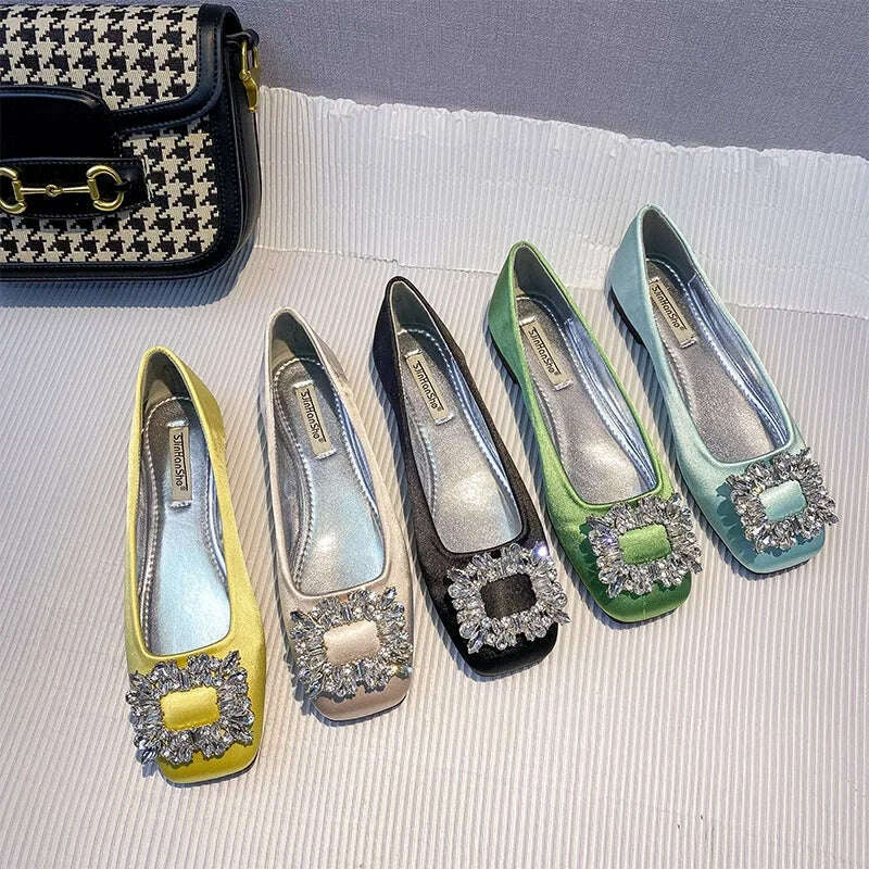 2023 Spring/Summer New Fashion Rhinestone Square Button Flat Bottom Shoes Satin Shallow Mouth Square Head Casual Women's Shoes - KIMLUD