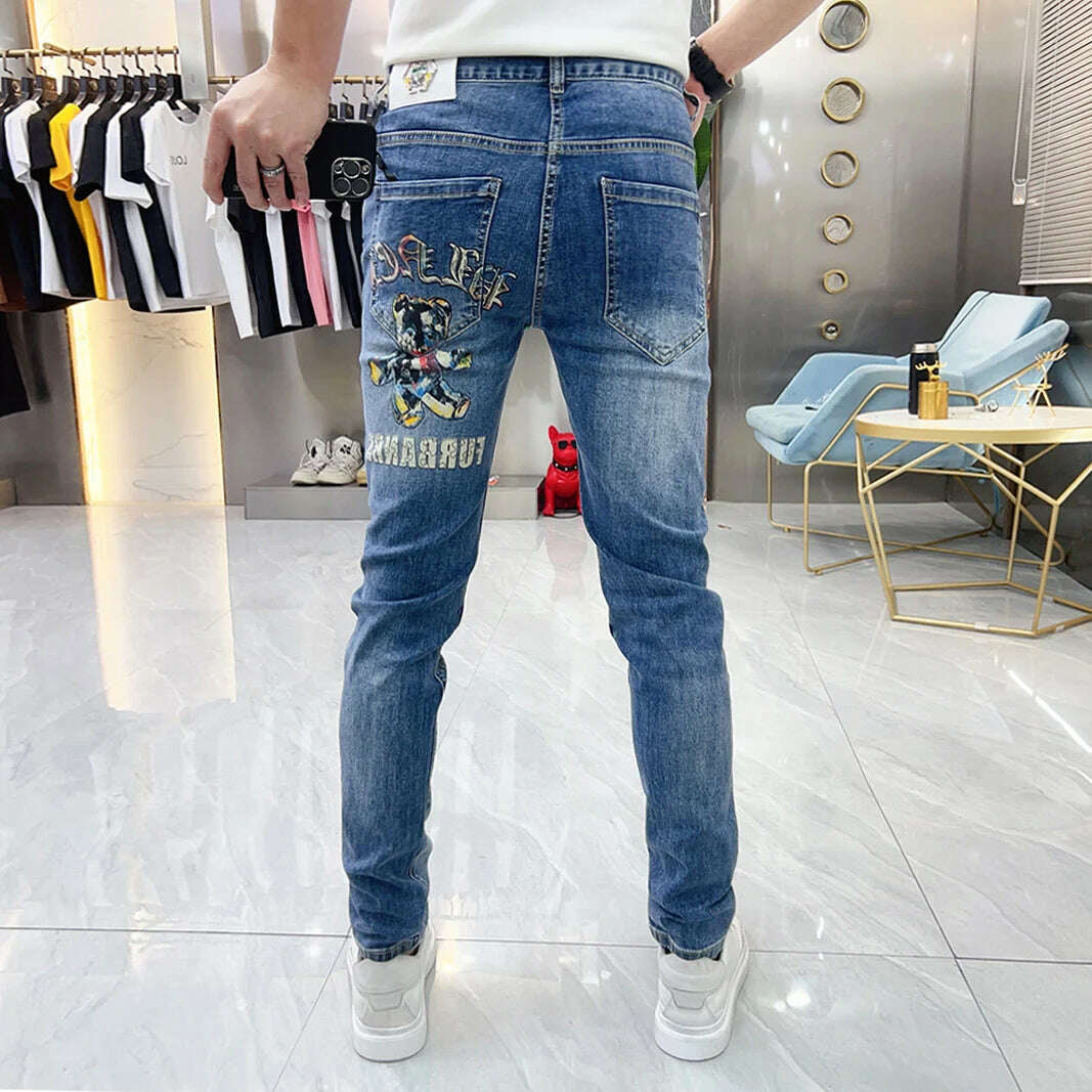 KIMLUD, 2023 Summer Europe Station Men Blue Jeans Personalized Bear Print High Quality Korean Pants Skinny Jeans Men Jeans Hombre, KIMLUD Womens Clothes