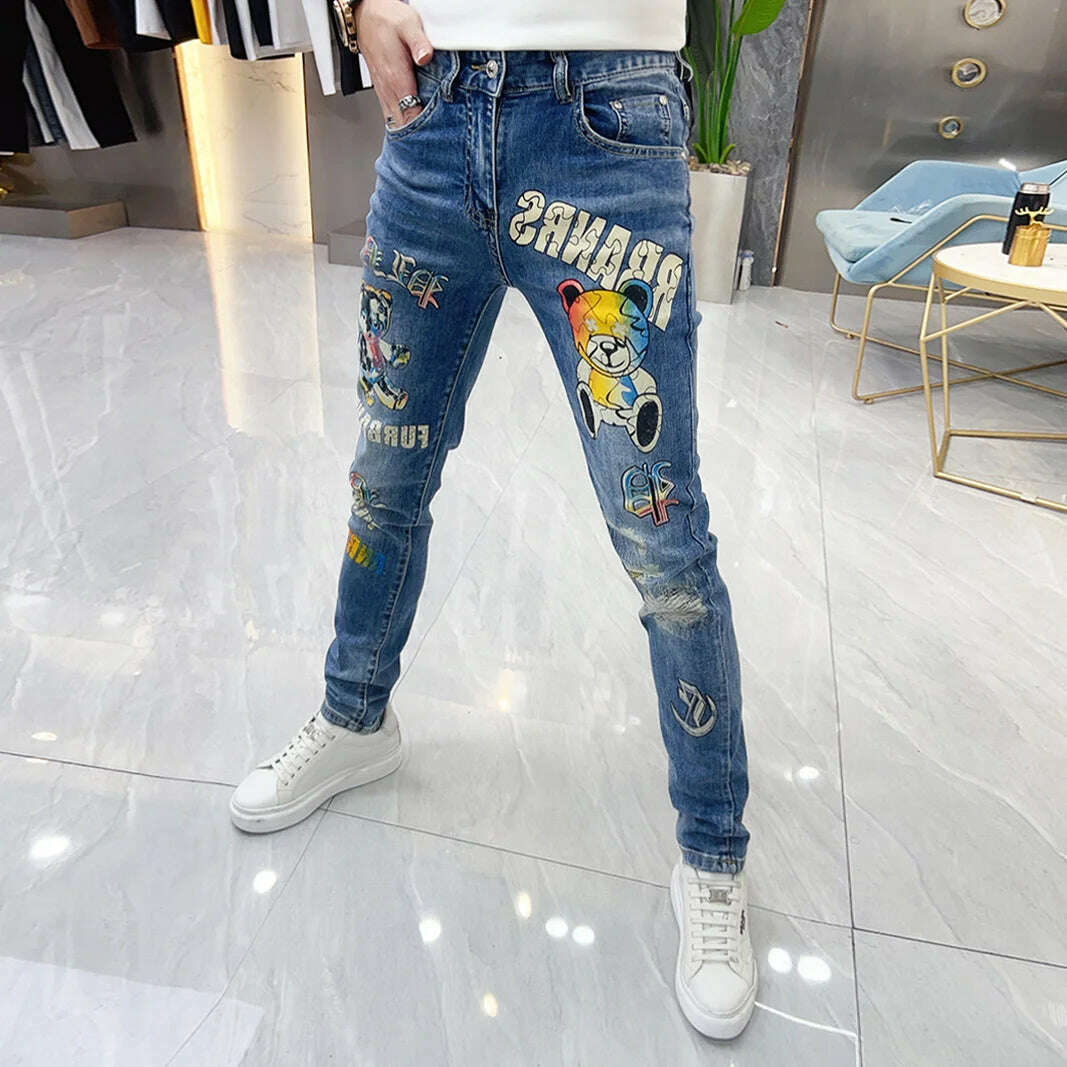 2023 Summer Europe Station Men Blue Jeans Personalized Bear Print High Quality Korean Pants Skinny Jeans Men Jeans Hombre - KIMLUD