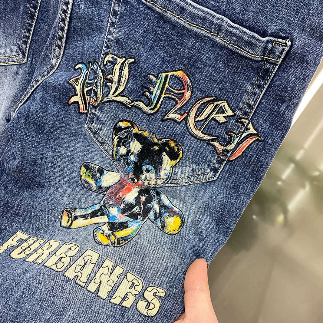 2023 Summer Europe Station Men Blue Jeans Personalized Bear Print High Quality Korean Pants Skinny Jeans Men Jeans Hombre - KIMLUD