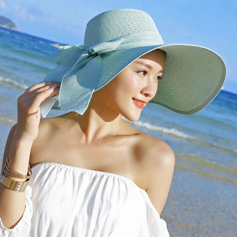 2023 Summer Women Straw Hat Bowknot Wide Brim Floppy Panama Hats Female Lady Outdoor Foldable Beach Sun Cap Uv Protection Hats - KIMLUD