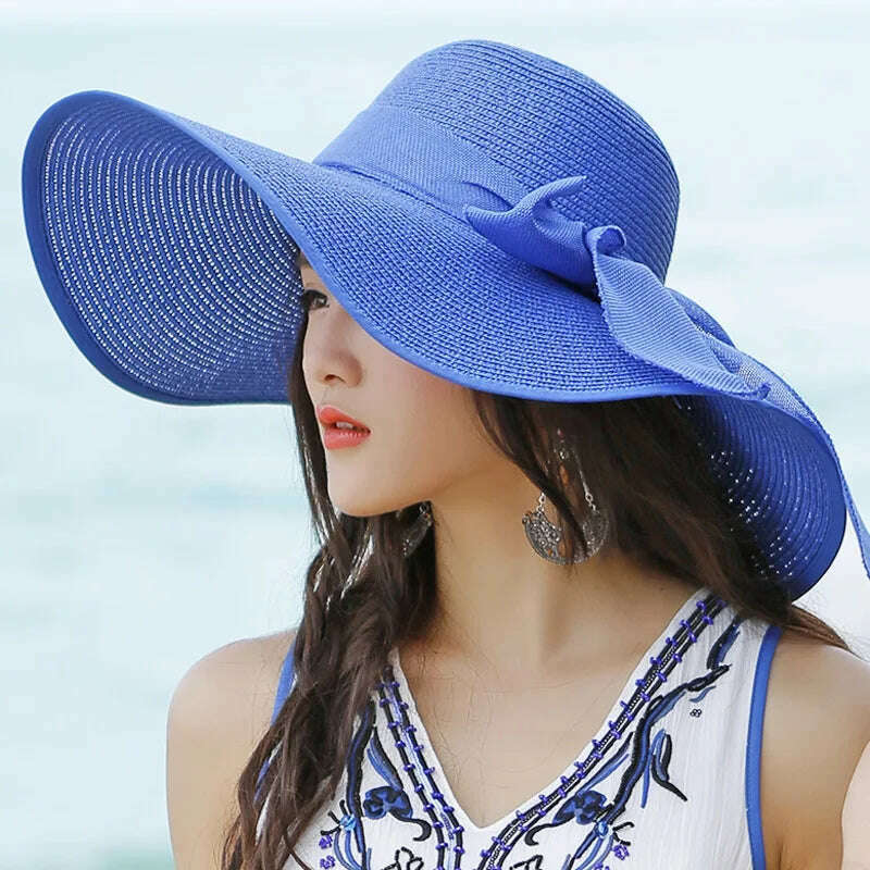 2023 Summer Women Straw Hat Bowknot Wide Brim Floppy Panama Hats Female Lady Outdoor Foldable Beach Sun Cap Uv Protection Hats - KIMLUD