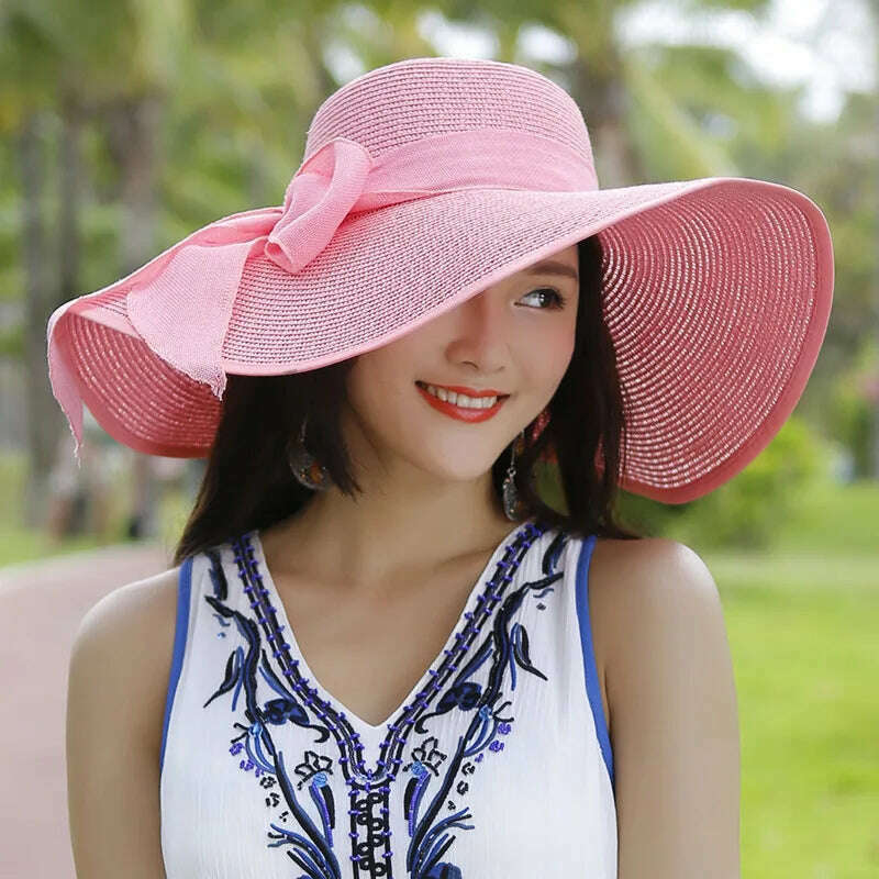 2023 Summer Women Straw Hat Bowknot Wide Brim Floppy Panama Hats Female Lady Outdoor Foldable Beach Sun Cap Uv Protection Hats - KIMLUD