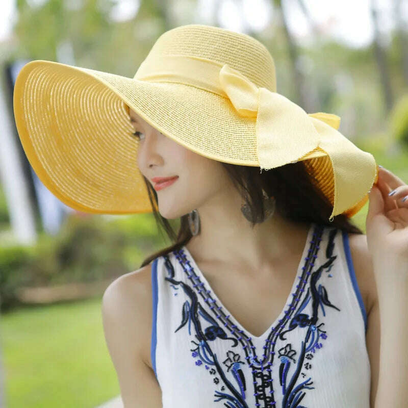 2023 Summer Women Straw Hat Bowknot Wide Brim Floppy Panama Hats Female Lady Outdoor Foldable Beach Sun Cap Uv Protection Hats - KIMLUD