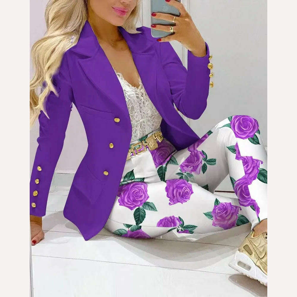 KIMLUD, 2023 Two Piece Set Women Formal Office Tracksuits For Ladies Outfits Lapel Collar Double Breasted Blazer Suit Pants Set Female, Purple Color / S, KIMLUD Womens Clothes