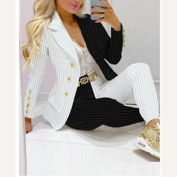 KIMLUD, 2023 Two Piece Set Women Formal Office Tracksuits For Ladies Outfits Lapel Collar Double Breasted Blazer Suit Pants Set Female, Black White 3 / S, KIMLUD Womens Clothes