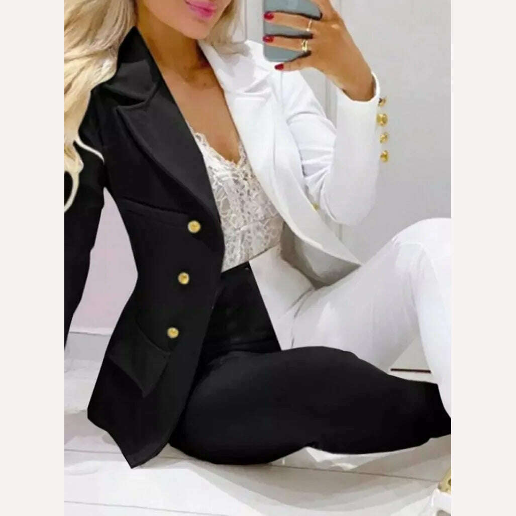 KIMLUD, 2023 Two Piece Set Women Formal Office Tracksuits For Ladies Outfits Lapel Collar Double Breasted Blazer Suit Pants Set Female, Black White 4 / S, KIMLUD Womens Clothes