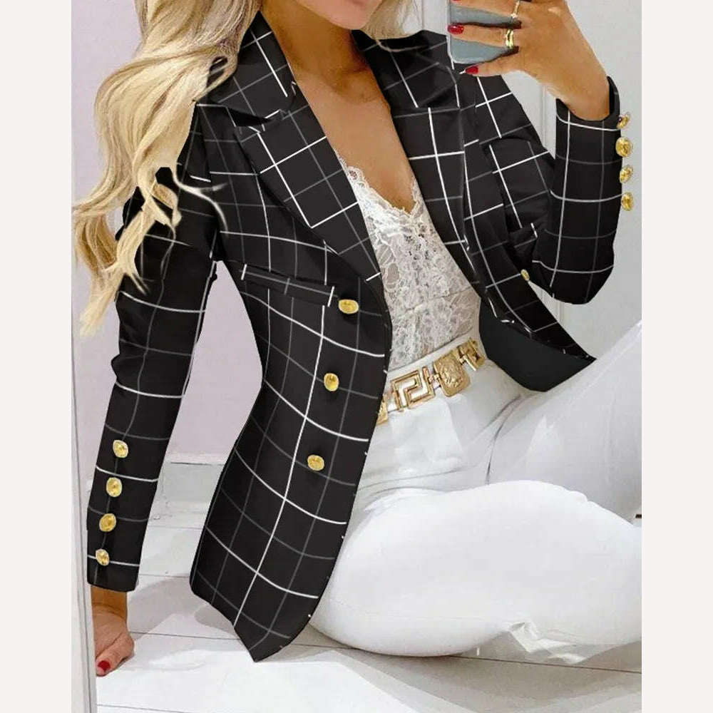 KIMLUD, 2023 Two Piece Set Women Formal Office Tracksuits For Ladies Outfits Lapel Collar Double Breasted Blazer Suit Pants Set Female, Black Printed 2 / S, KIMLUD Womens Clothes