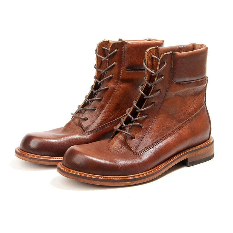 2023 Vintage Handmade Men Boots British Luxury Cow Leather Shoes Quality Round Toe Classic Autumn Ankle Casual Platform Boots - KIMLUD
