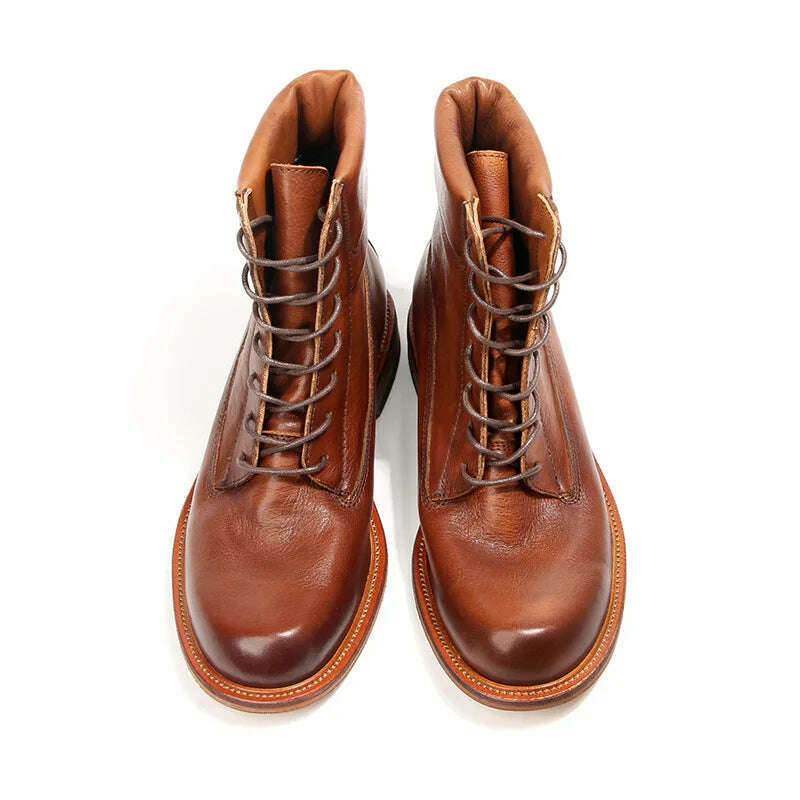 2023 Vintage Handmade Men Boots British Luxury Cow Leather Shoes Quality Round Toe Classic Autumn Ankle Casual Platform Boots - KIMLUD