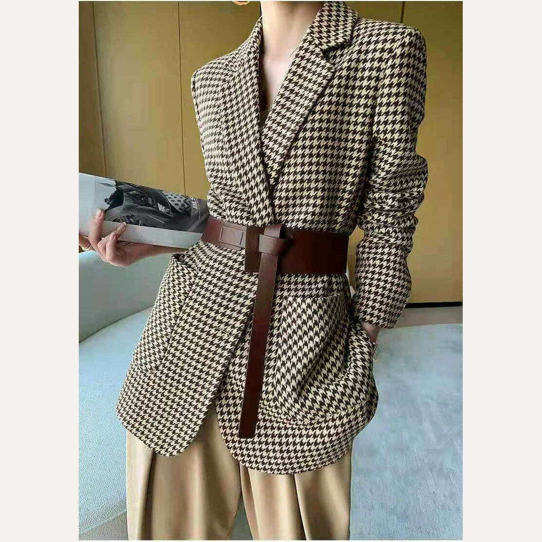 KIMLUD, 2023 Winter Coats Women Blazer Chic Elegant Woman Jacket Autumn Office Lady Casual Plaid Belt Oversize Blazer Women Clothing, KIMLUD Womens Clothes