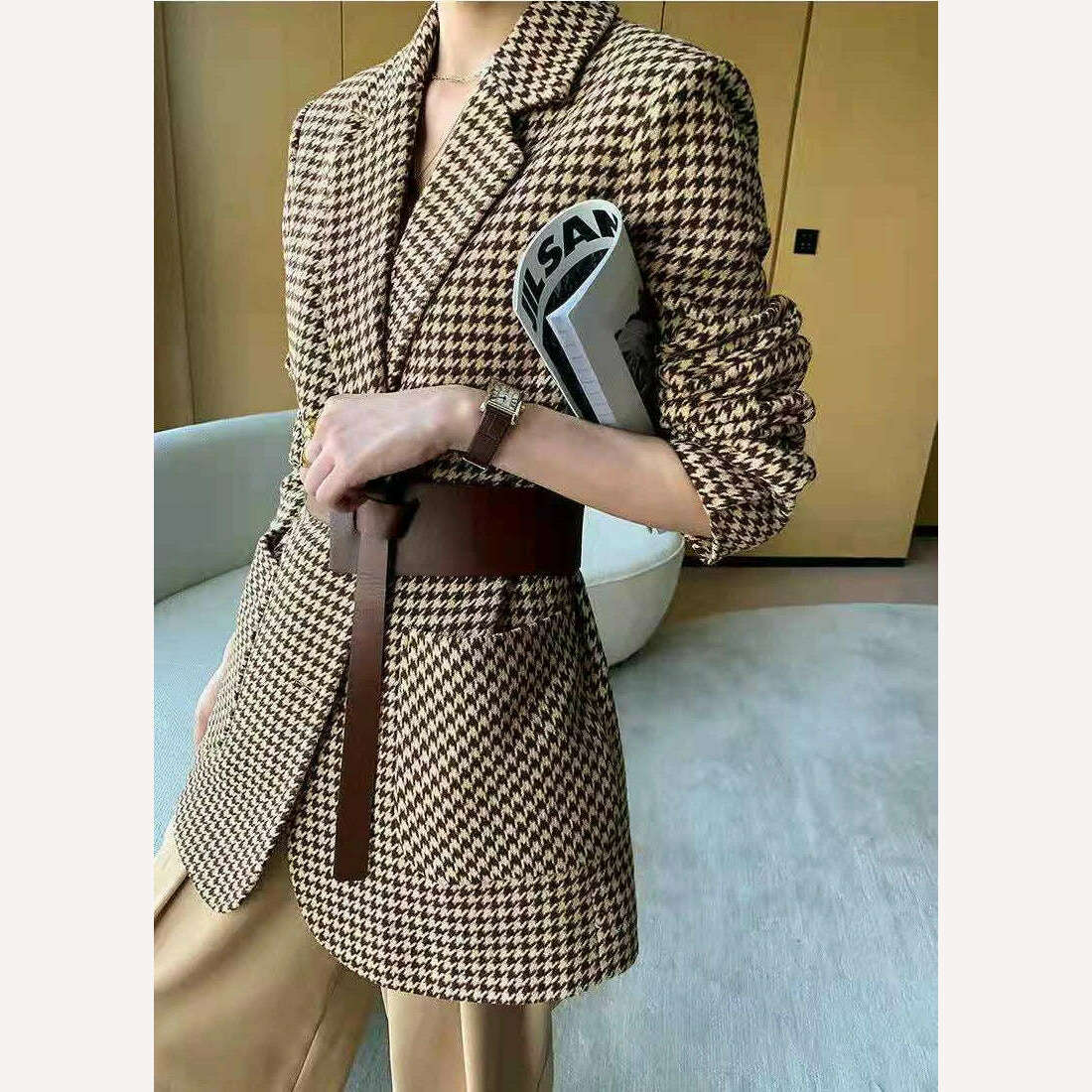 KIMLUD, 2023 Winter Coats Women Blazer Chic Elegant Woman Jacket Autumn Office Lady Casual Plaid Belt Oversize Blazer Women Clothing, KIMLUD Womens Clothes