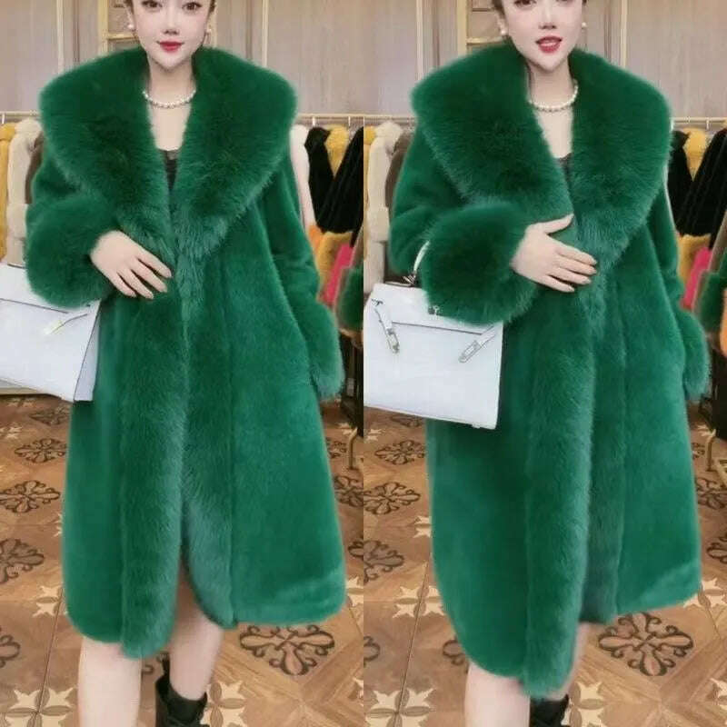 KIMLUD, 2023 Winter Fur Coat Women Thickened Artificial Fox Fur Mid Length Mink All Match Big Fur Collar Long Sleeved  Female Outwear, KIMLUD Womens Clothes