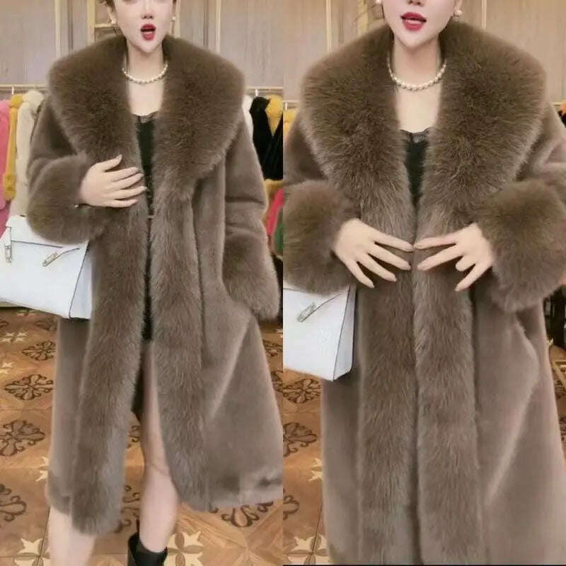 KIMLUD, 2023 Winter Fur Coat Women Thickened Artificial Fox Fur Mid Length Mink All Match Big Fur Collar Long Sleeved  Female Outwear, KIMLUD Womens Clothes