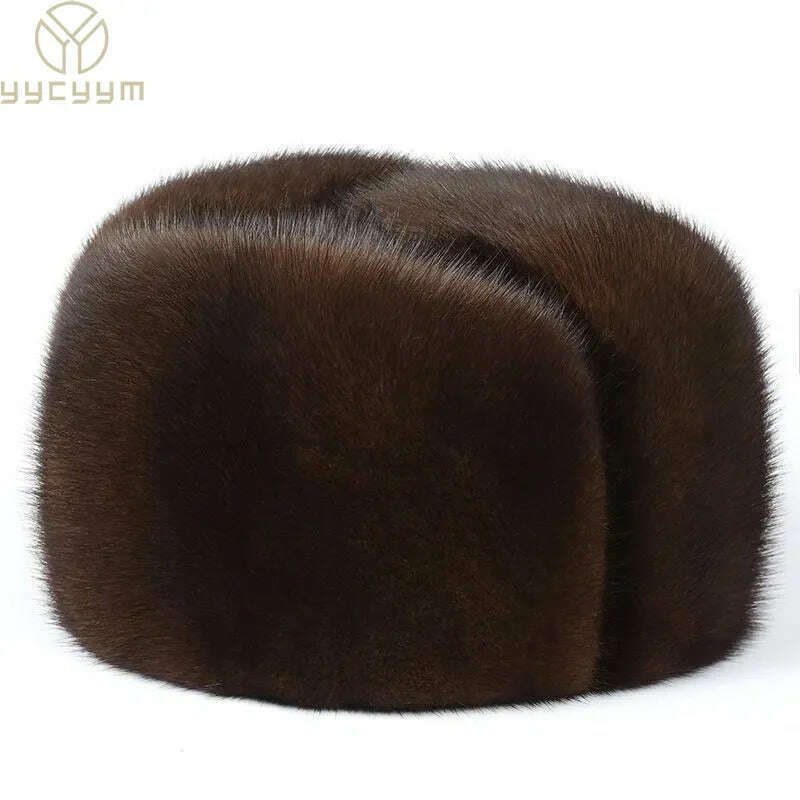 KIMLUD, 2023 Winter Unisex Top Real Mink Fur Bomber Hat Male Genuine Marten Head Warm Black/Brown Caps Best Gift For parent Gorras, KIMLUD Womens Clothes