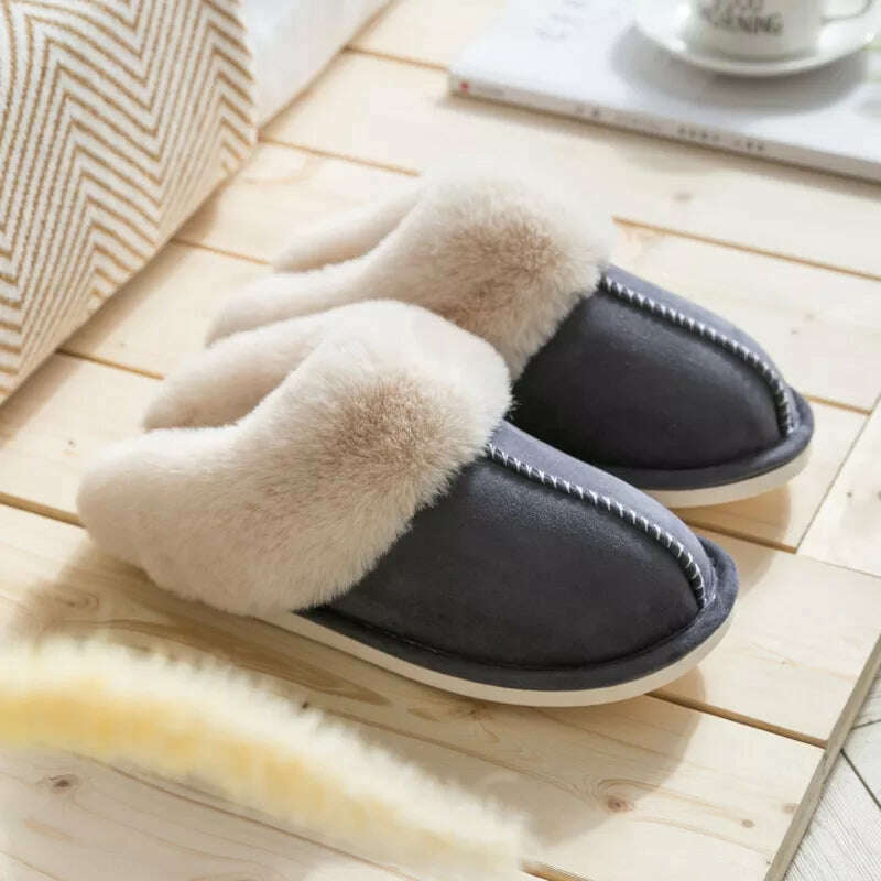 2023 Winter Warm Home Fur Slippers Women Luxury Faux Suede Plush Couple Cotton Shoes Indoor Bedroom Flat Heels Fluffy Slippers - KIMLUD