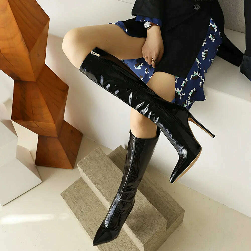 KIMLUD, 2023 Winter Women Knee High Modern Boots Patent Leather Big Size 34~46 Sexy Stiletto PU Party Shoes Botas De Invierno Para Mujer, KIMLUD Womens Clothes