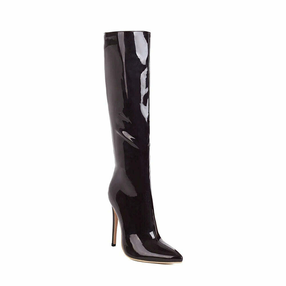 KIMLUD, 2023 Winter Women Knee High Modern Boots Patent Leather Big Size 34~46 Sexy Stiletto PU Party Shoes Botas De Invierno Para Mujer, KIMLUD Womens Clothes