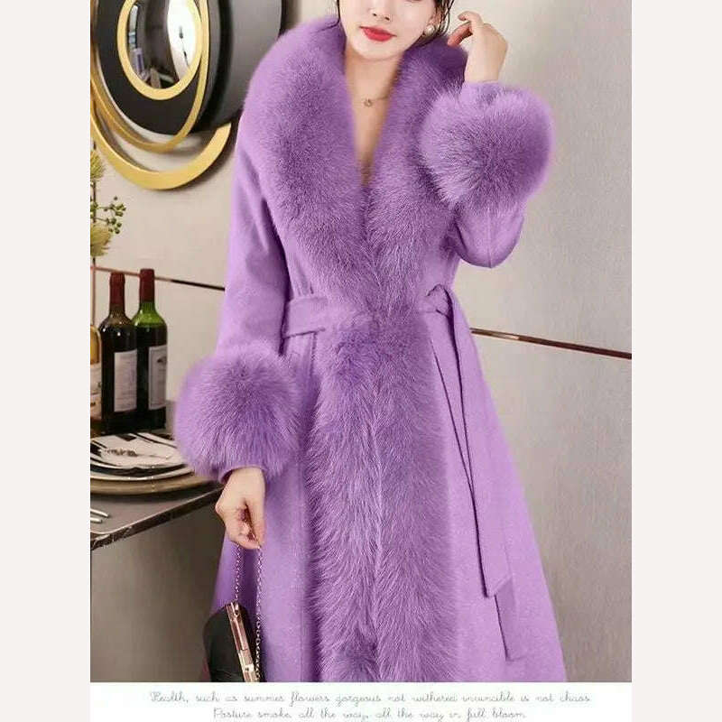 KIMLUD, 2023 Winter Women New Cashmere Coat Anti Fox Collar Fabric Plus Cotton Mid Length Coat Celebrity High Large Collar Faux Fur, KIMLUD Womens Clothes