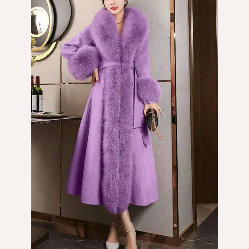 KIMLUD, 2023 Winter Women New Cashmere Coat Anti Fox Collar Fabric Plus Cotton Mid Length Coat Celebrity High Large Collar Faux Fur, KIMLUD Womens Clothes