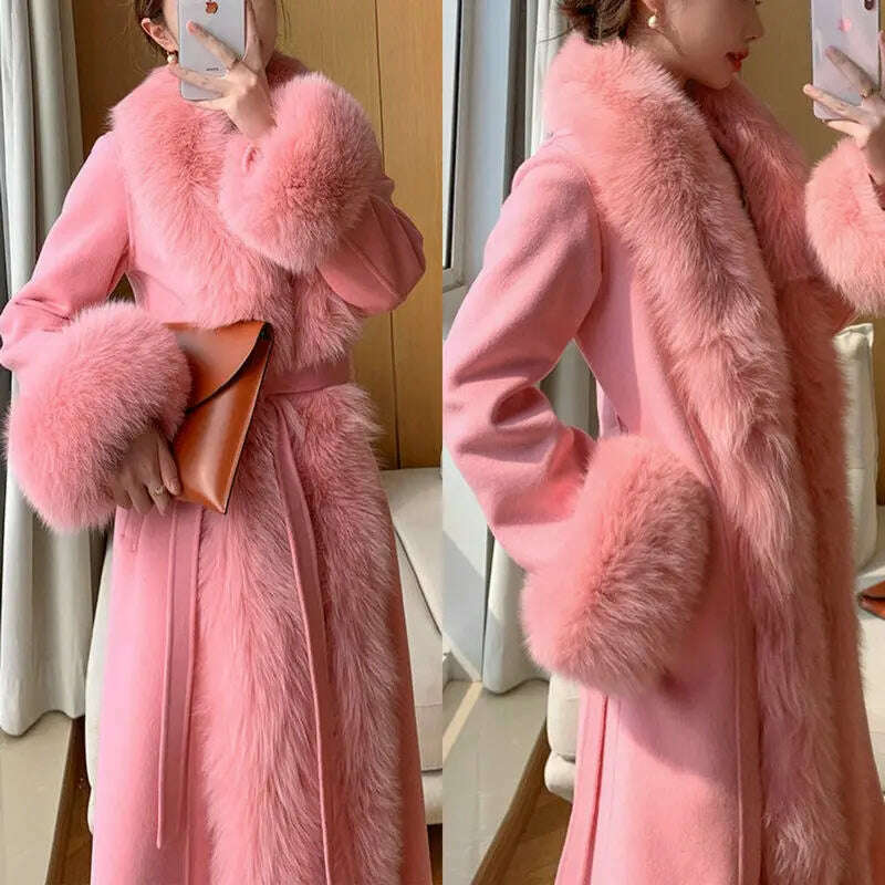 KIMLUD, 2023 Winter Women New Cashmere Coat Anti Fox Collar Fabric Plus Cotton Mid Length Coat Celebrity High Large Collar Faux Fur, KIMLUD Womens Clothes