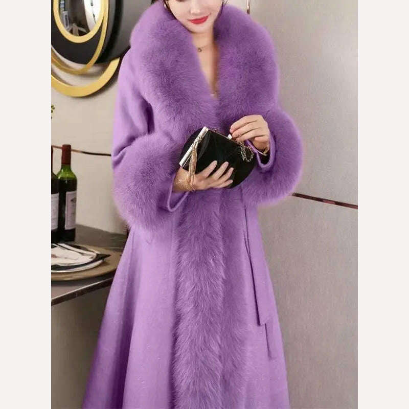 KIMLUD, 2023 Winter Women New Cashmere Coat Anti Fox Collar Fabric Plus Cotton Mid Length Coat Celebrity High Large Collar Faux Fur, KIMLUD Womens Clothes