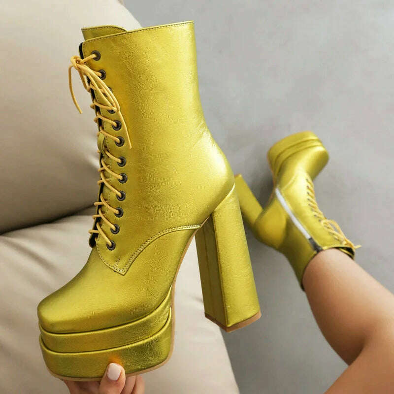 KIMLUD, 2023 Women Ankle Boots Platform Thick High Heel Ladies Short Boots PU Leather Fashion Square Toe Zipper Women's Boots Big Size, KIMLUD Womens Clothes