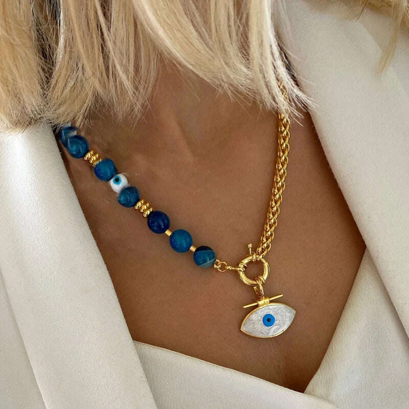 KIMLUD, 2023 women bohemian collier creative natural stone round tube necklace evil eye metal heart pendant charm necklaces for women, necklace 12, KIMLUD APPAREL - Womens Clothes