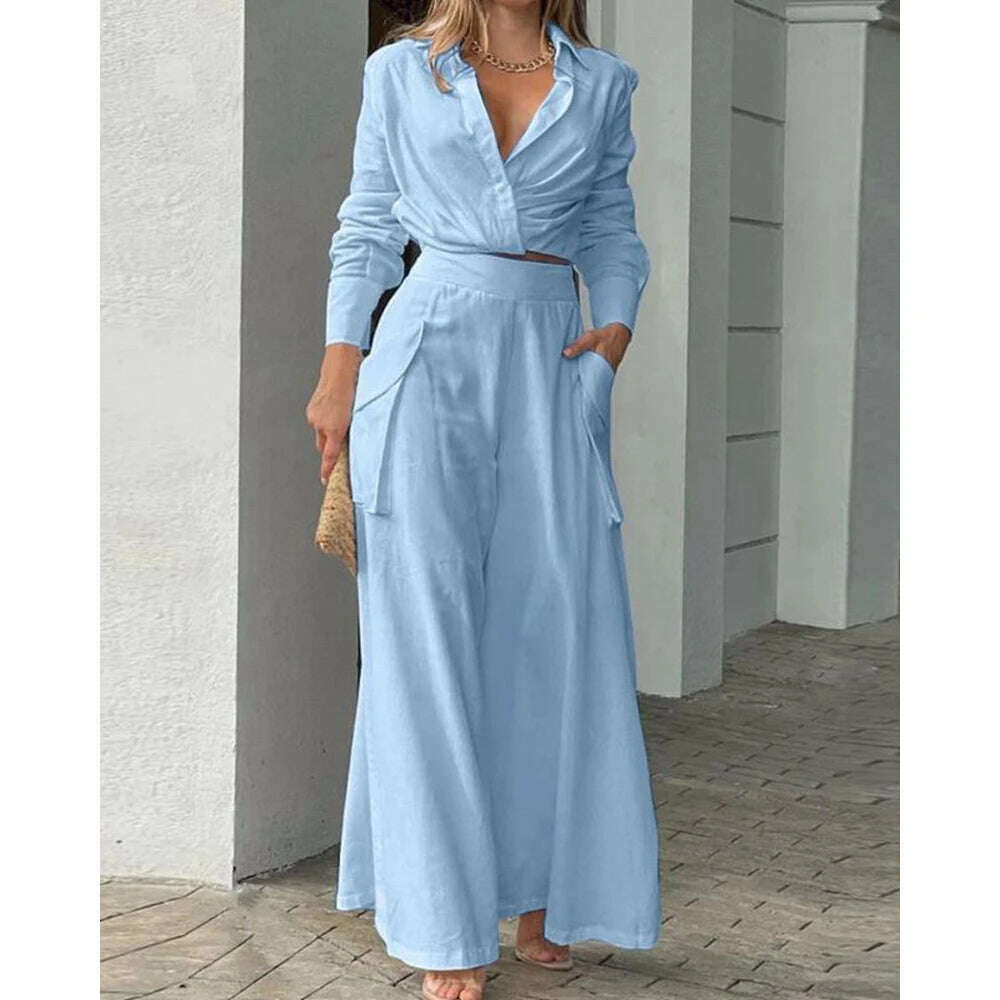 2023 Women Solid Long Sleeve Ruched Crop Shirt & High Waist Pants Work Suit Sets Female V-Neck Top 2 Pieces Suit Sets Casual - KIMLUD