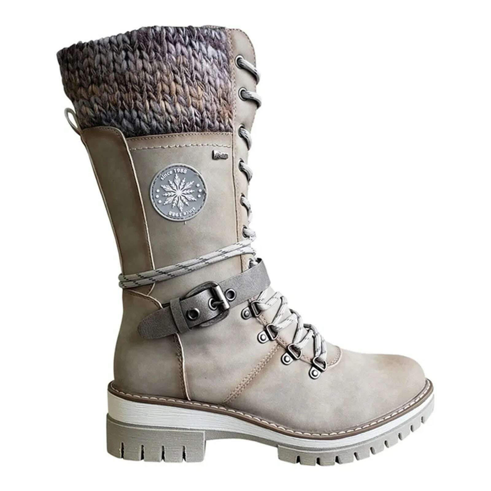 KIMLUD, 2023 Women Winter Buckle Lace Knitted Mid-calf Boots Low Heel Round Toe Boots Top Quality Winter Warm Boots Women Botas De Mujer, KIMLUD Womens Clothes