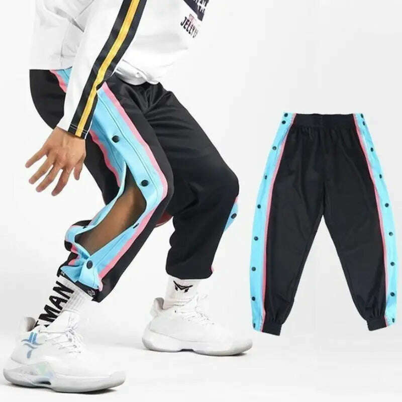 KIMLUD, 2023 Y2K Men's Sports Pants Side Buttons Pants Fully Open Loose Wide Leg Casual Strap Basketball Pants Streetwear Men Clothing, Blue / M, KIMLUD APPAREL - Womens Clothes