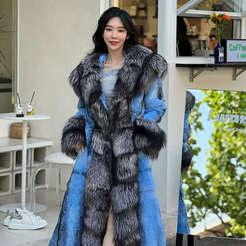 KIMLUD, 2023Women Real Rex Rabbit Fur Coats With Fox Lapel Collar Natural Whole Skin Genuine Fur Long Jackets Overcoat Winter, KIMLUD Womens Clothes