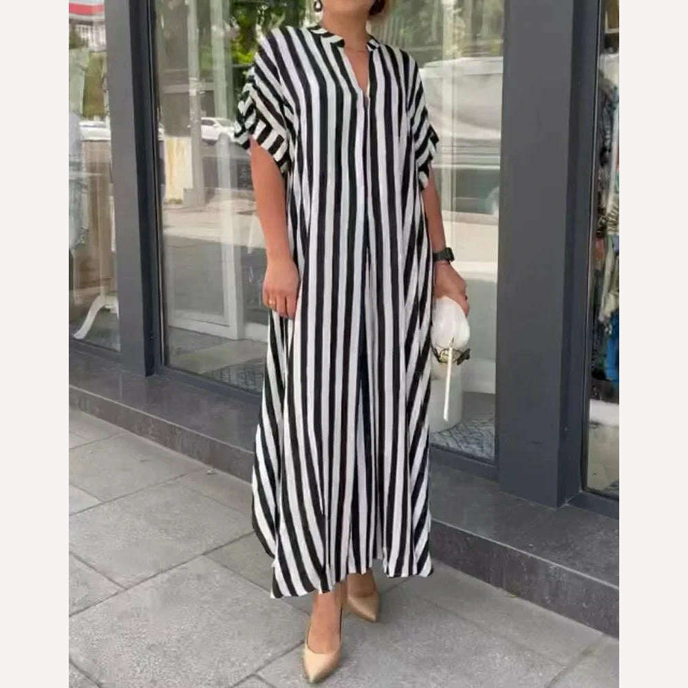 KIMLUD, 2024 AliExpress Europe and America Plus Size Women's Cross border Summer New Product Split Casual Stripe Short sleeved Dress, Black / XL, KIMLUD Womens Clothes