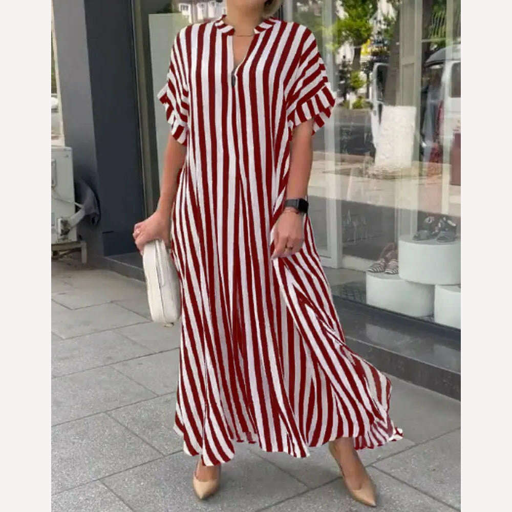 2024 AliExpress Europe and America Plus Size Women's Cross border Summer New Product Split Casual Stripe Short sleeved Dress - KIMLUD